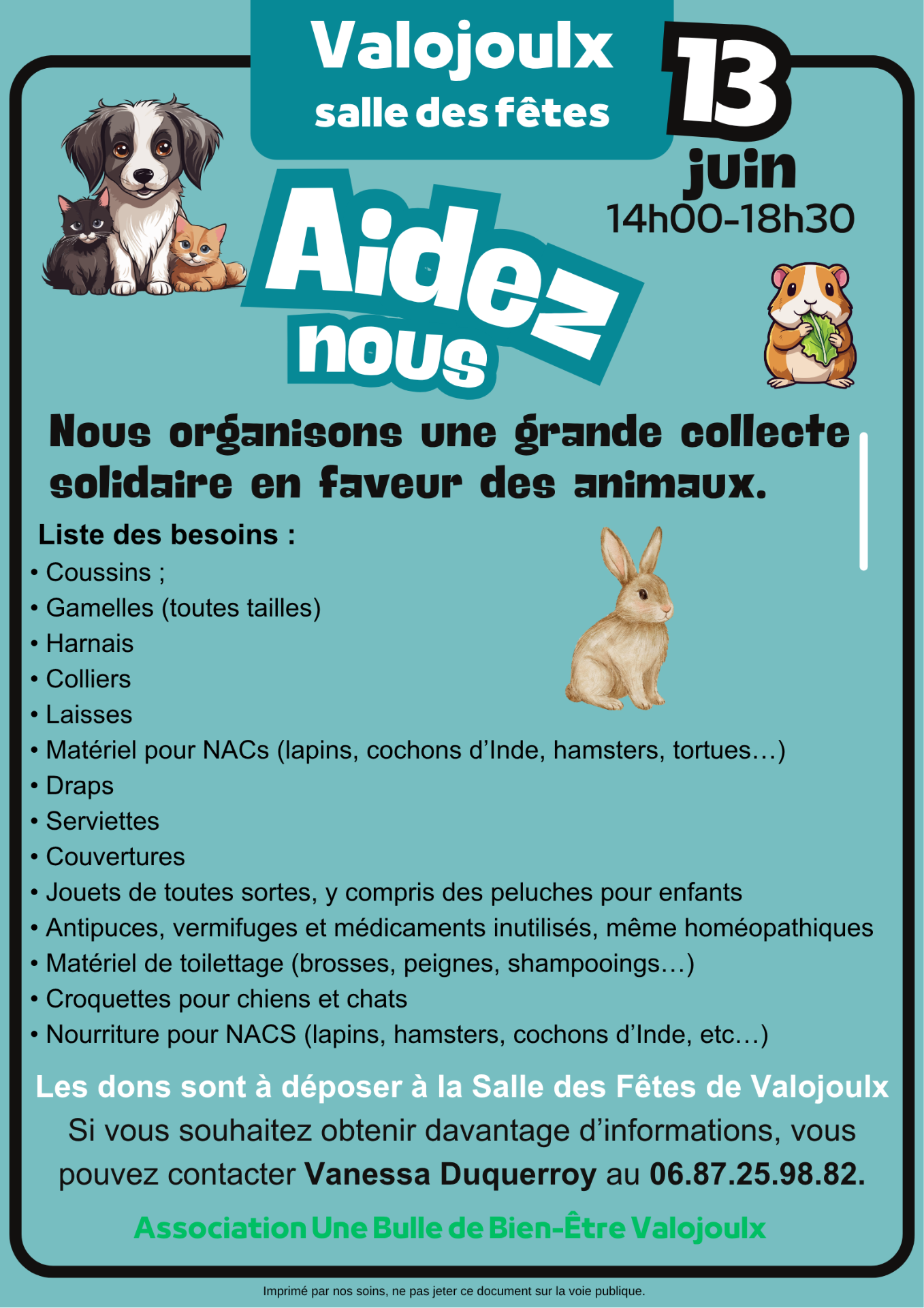 Affiche “Valojoulx salle des fêtes” pour collecte d’animaux, avec chiens, chat, hamster et liste de dons.